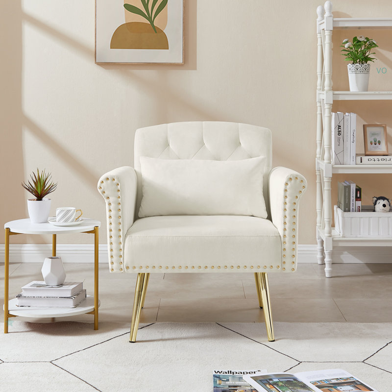Fauteuil en velours avec pieds en métal, Velours blanc cassé