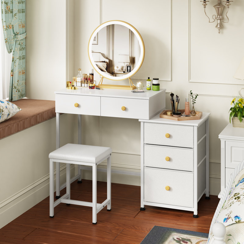 Bureau de coiffeuse avec miroir lumineux / tabouret / 5 tiroirs, Blanc