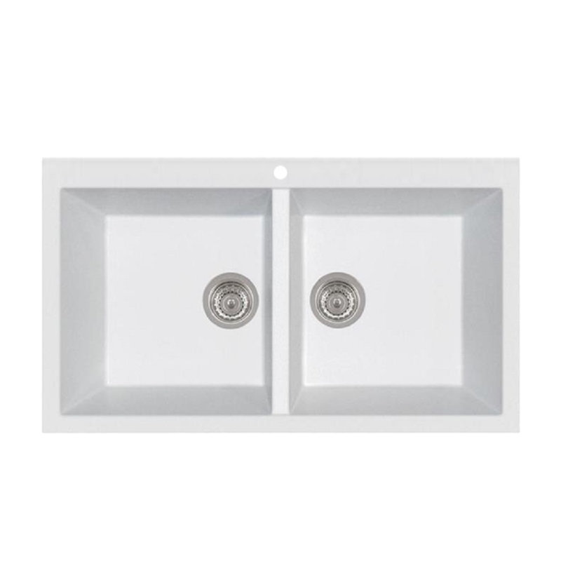 Elegance Series 34" L x 20" W Double Basin Drop-In Quartz Kitchen Sink, Milk White