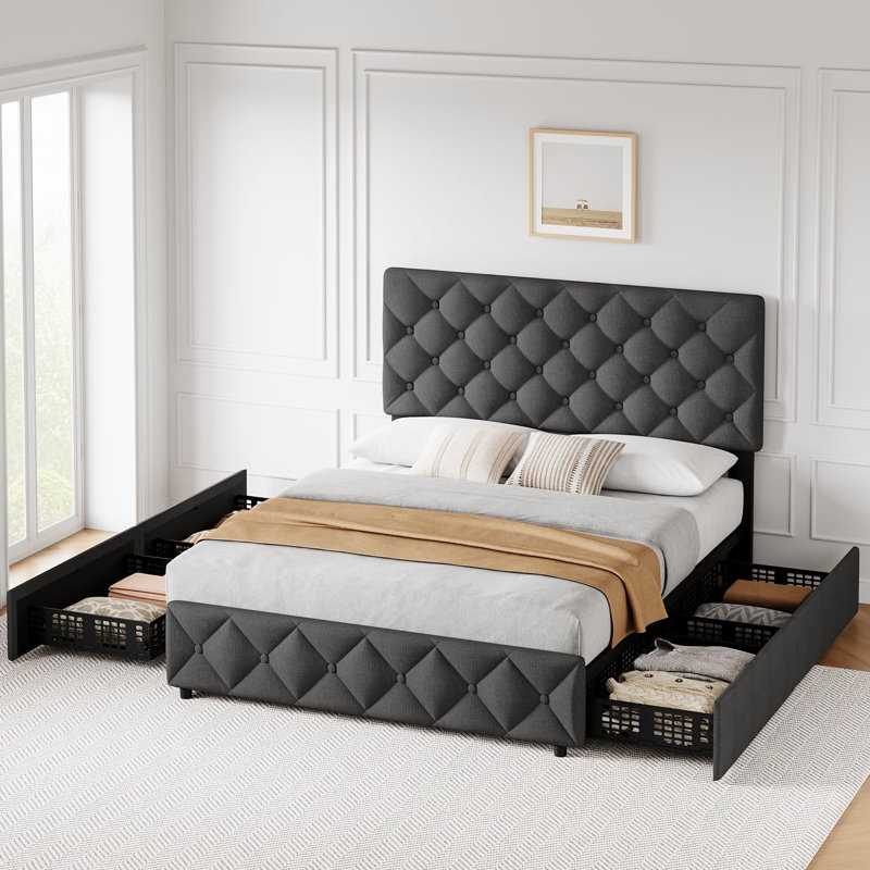 Lit avec 4 tiroirs de rangement et tête de lit, Grand, Beige