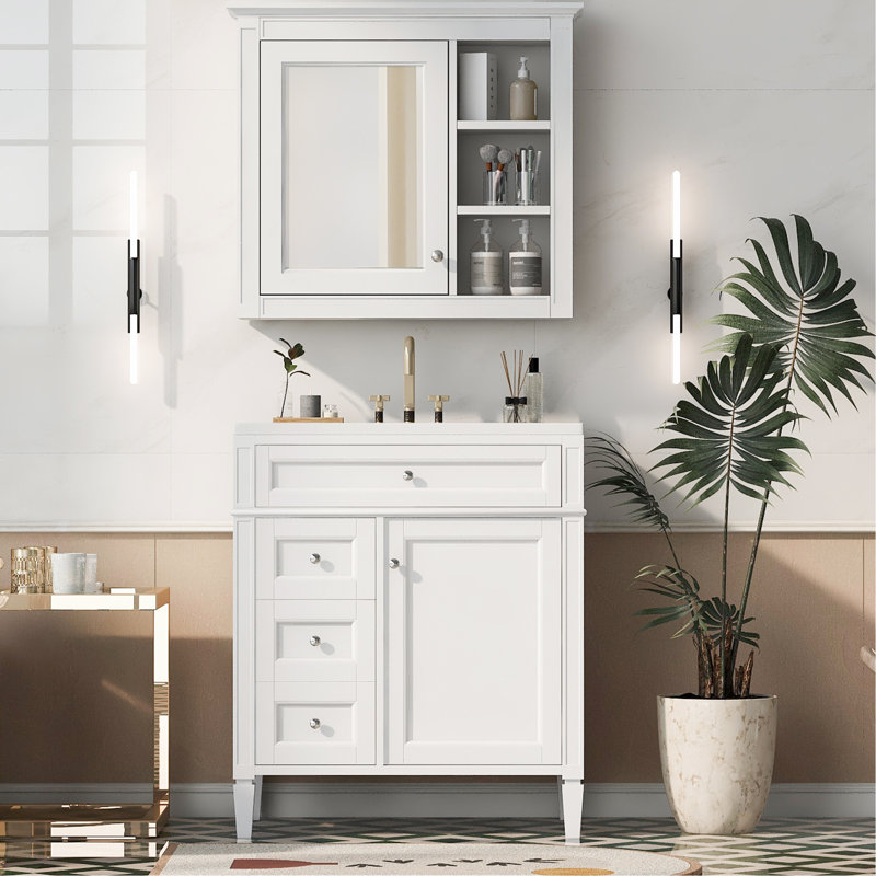 Meuble-lavabo 30 po avec processus d'assemblage pratique, 2 tiroirs, armoire à miroir, lavabo en céramique, finition blanche