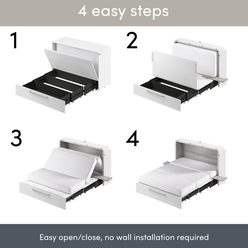 Lit escamotable avec tiroir et matelas Borealis Murphy, Double, Blanc
