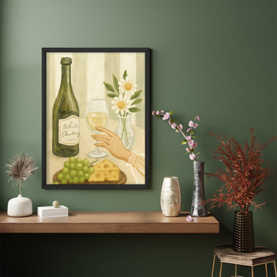 «Wine and Cheese Still Life», impression encadrée de chardonnay blanc élégant pour décor de salle à manger ou de bar