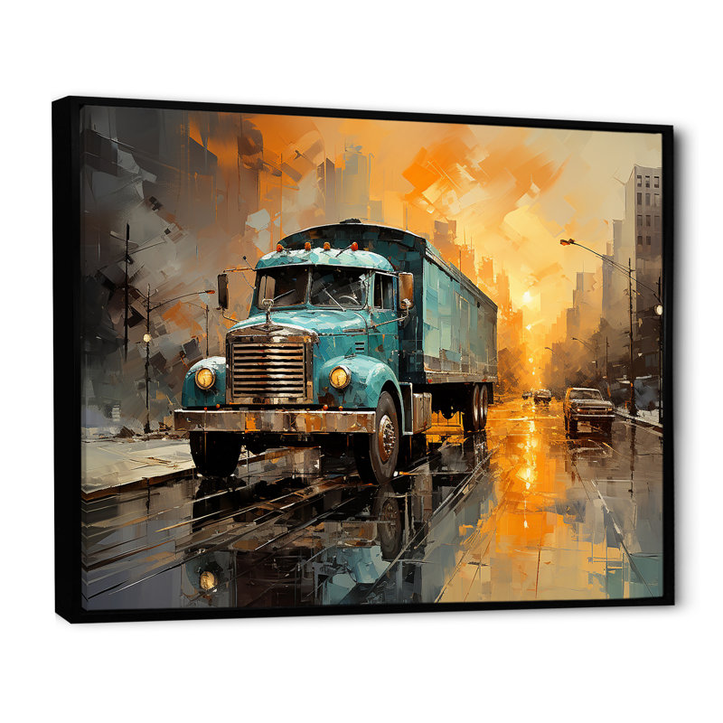 Camion de livraison brun I, années 30, sur toile, H 34 po x l 44 po x P 1,5 po, Cadre flottant noir