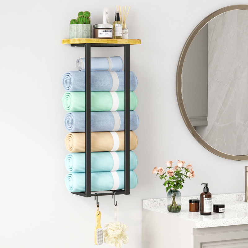 Porte-serviettes pour salle de bain, porte-serviettes avec tablette de rangement, porte-serviettes mural de 27 pouces pour petite salle de bain, porte-serviettes mural pour serviettes roulées