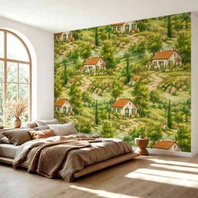 Wall Mural Peel and Stick Wallpaper Rustic Countryside Cottage Landscape Flower Gardens Rolling Hills Self-Adhesive Removable Contact Paper Wall Decor for Living Room Bedroom 69"H x 96"W