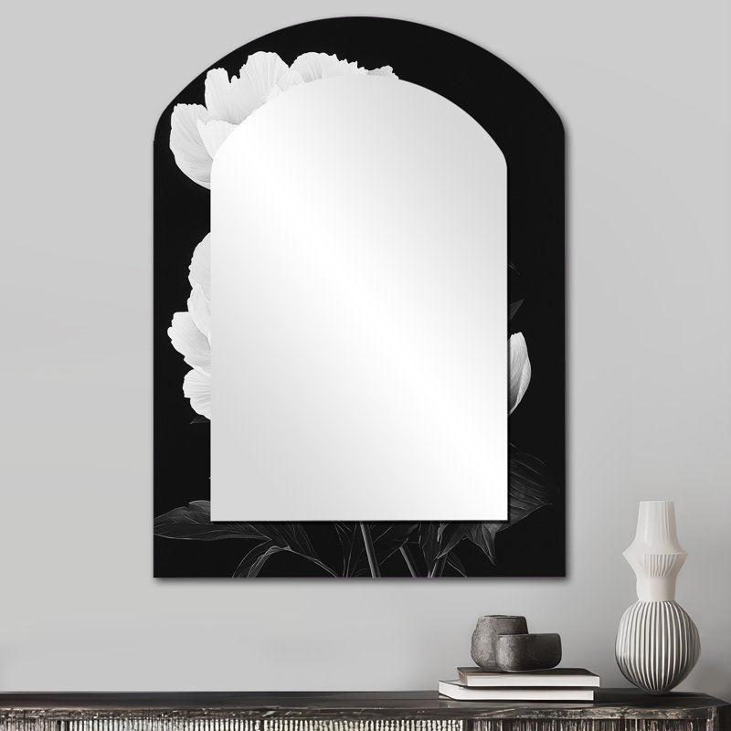 Monocrhome Peonies With Dark Veins III - Peonies Asymmetrical Unique Wall Mirror Decor, White Arch Large Mirror, Printed Metal Art