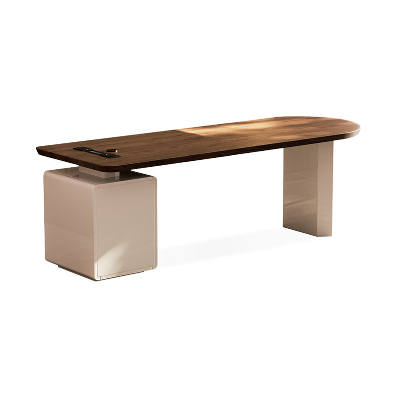 Bureau à 3 tiroirs brun noisette + demi-cercle massif beige + bois manufacturé + acier au carbone