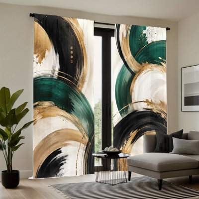 2 rideaux filtrant la lumière à motif abstrait en forme de cercle avec 2 coups de pinceau et des accents vert émeraude noir et or, un décor moderne chic et chic, des traitements de fenêtre à passe-tringle faciles, des rideaux toutes saisons pour le salon et la chambre à coucher