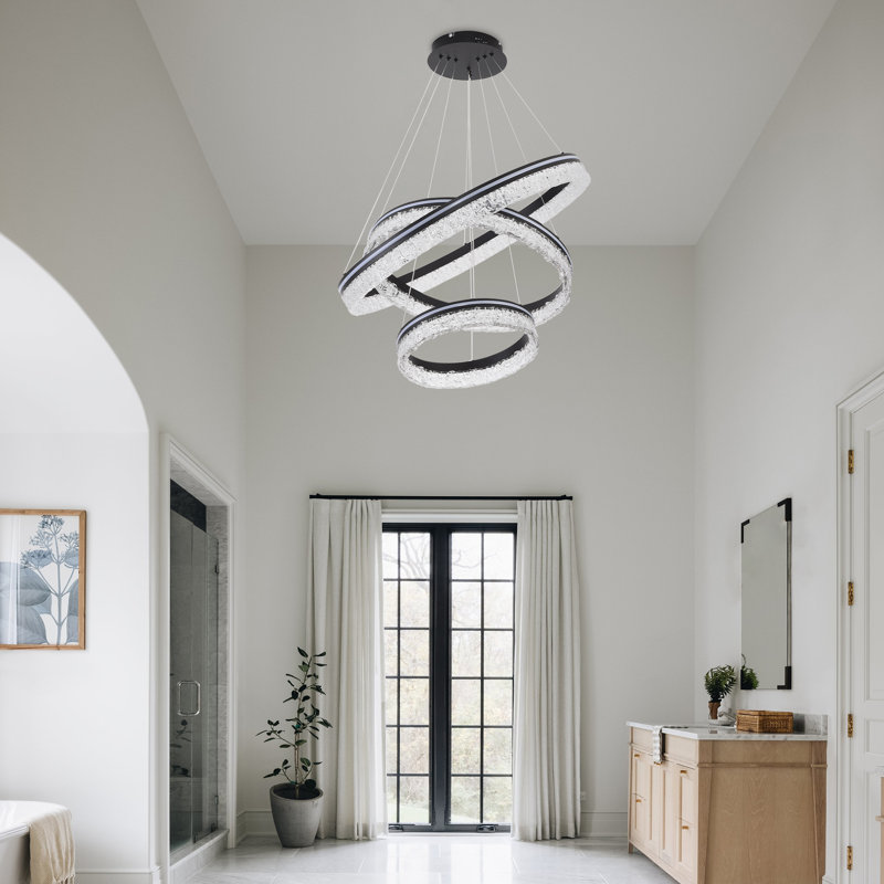 3 Ring Chandelier Modern Led Pendant Lights Dimmable With Remote Height Adjustable Light Fixtures, Black