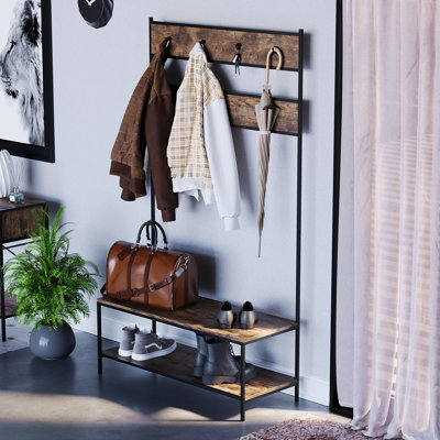 Sylvie Iron Industrial Hall Tree with Bench and Shoe Storage