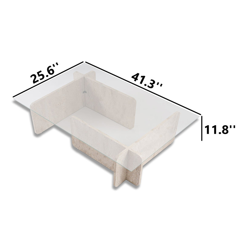 Rectangle Tempered Glass Coffee Table, Travertine, 11.8" H x 41.3" L x 25.6" W
