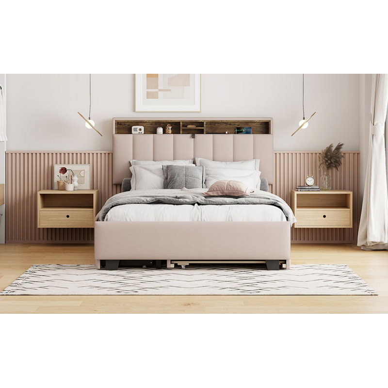Lit plateforme tapissier avec tête de lit, gigogne et tiroirs de rangement, Beige, Double