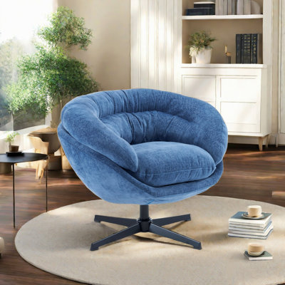 Chaise de bureau moderne en chenille, chaise d'appoint pivotante à 360 ° avec coussin amovible, chaise de bureau ronde, base en métal noir, matériau en coton, salon, chambre à coucher, coin lecture, bureau (bleu marine)