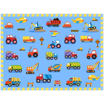 Washable Kids Play Rug Non-Slip&Soft Blue Vehicle Pattern Educational Rug for Playroom Nursery