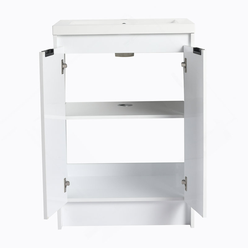 Meuble-lavabo autoportant de 48 po avec lavabo en résine, 2 armoires de rangement, 2 armoires murales, portes et tiroir à fermeture douce, blanc brillant, contreplaqué (KD-Packing)