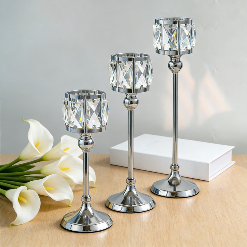 Set Of 3 Crystal Tealight Candle Holders, Metal And K9 Crystal Centerpiece Decor For Wedding, Dining Table, Party, And Home