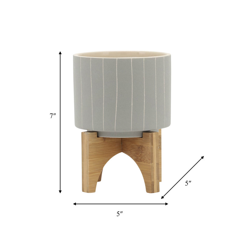 Planter on Stand Ceramic Planter on Wooden Base Contemporary Rustic Striped Design, 7" H x 5" W x 5" D, Tan