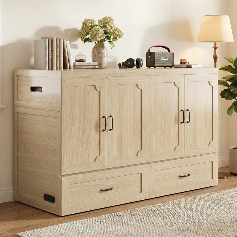 Lit escamotable convertible avec rangement et station de recharge, Bois naturel