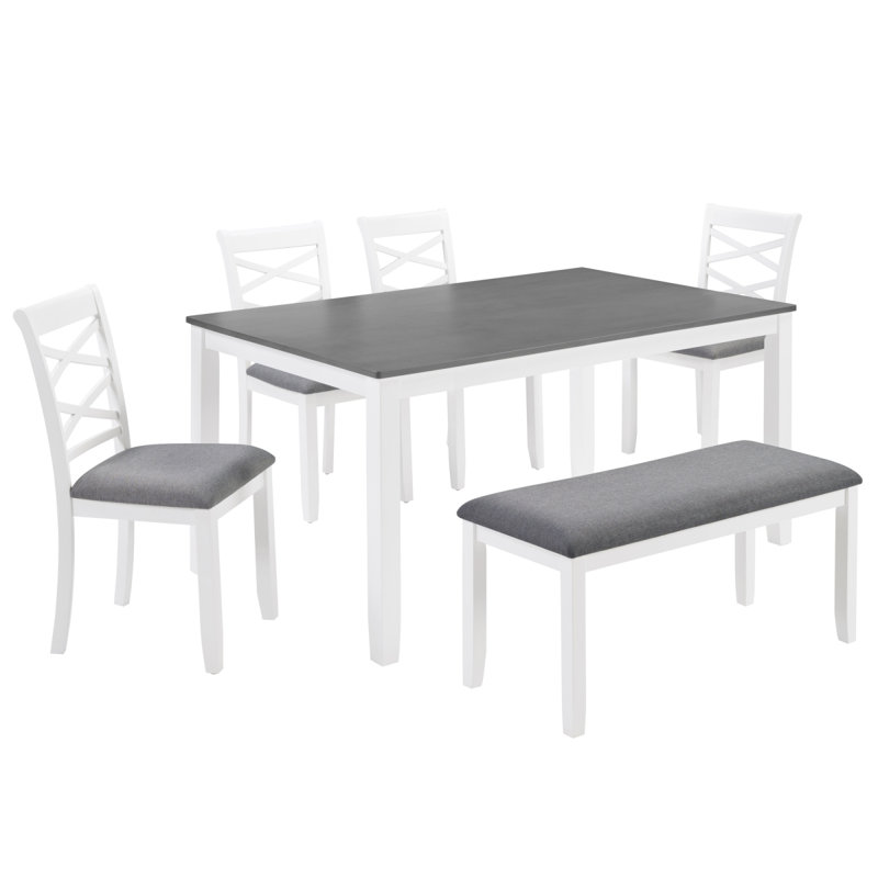 Ensemble de table à manger 6 pièces avec banc, ensemble de table à manger en bois pour 6 personnes, ensemble de table à manger moderne pour 6 personnes pour la salle à manger, cuisine, gris et blanc deux tons