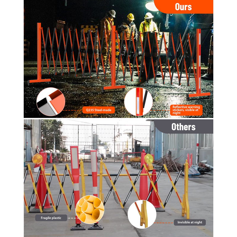 Barrière de sécurité pliable 9 bar en métal pour barrière de sécurité, H 3,4 pi x l 23 pi, Orange