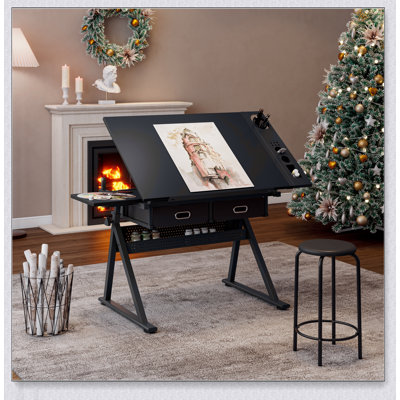 Bureau de dessin réglable avec 2 tiroirs et tabouret, parfait pour le bureau à domicile et l'école