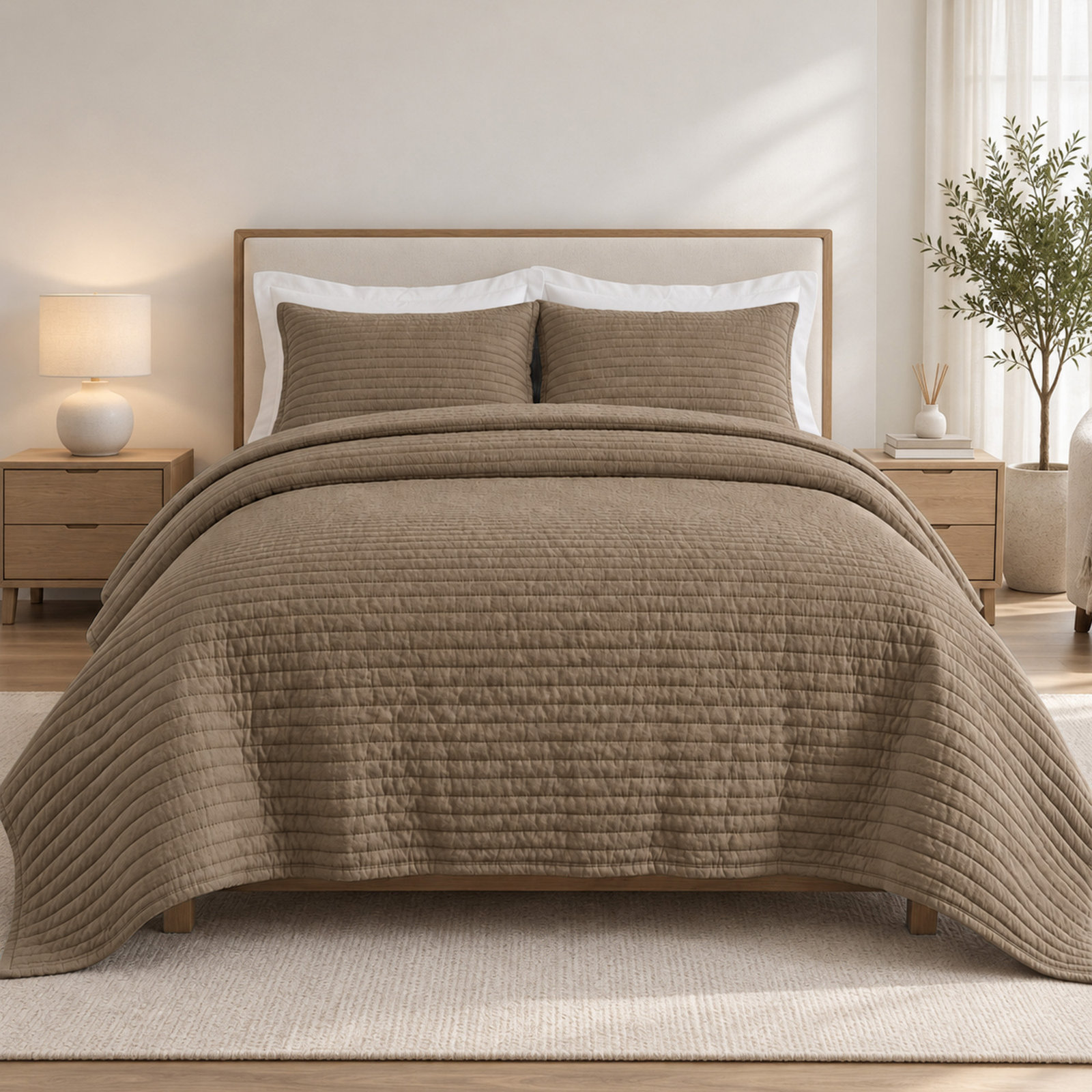 Clara 100% French Linen Channel Quilt Set with Shams, King Quilt + 2 King Shams, Cocoa