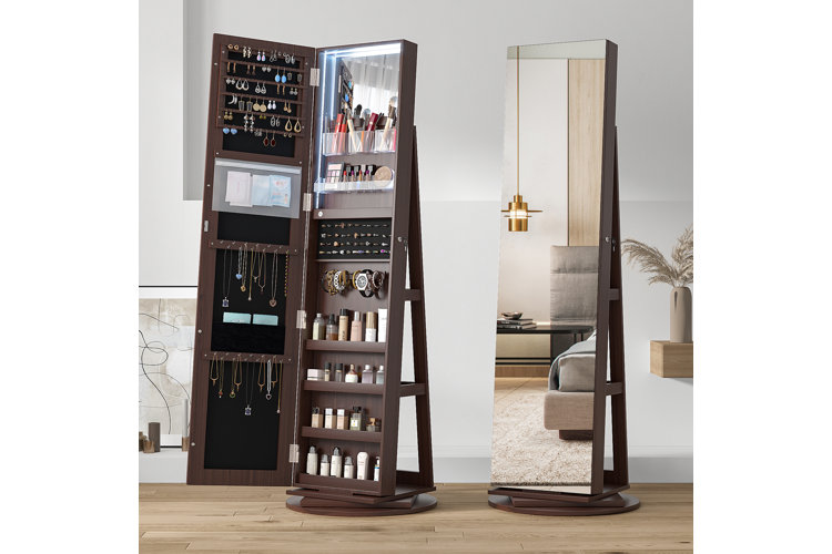 standing mirrored jewelry armoire that opens up to plenty of storage