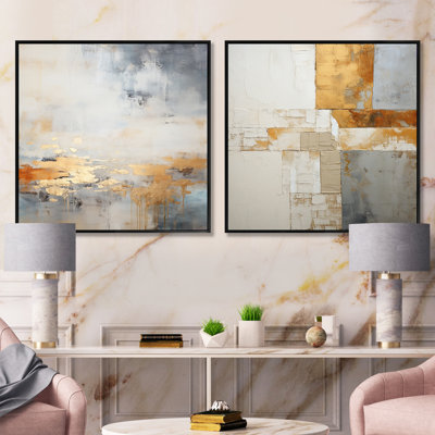 Minimalisme beige et doré vague horizon I - collages abstraits carrés, ensemble de 2 collages