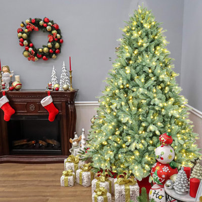 Arbre de Noël 9 pi pré-éclairé, arbre de Noël à charnière pré-éclairé avec 1150 lumières et 4368 pointes en PE / PVC, arbre de Noël épinette artificiel bleu de qualité supérieure avec base en métal pour la décoration des Fêtes