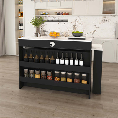 Extendable & Rotating Kitchen Island With Marble Veneer, Retro Design, 4 Drawers, Glass Door Cabinets, And Built-In Socket For 2-4 People