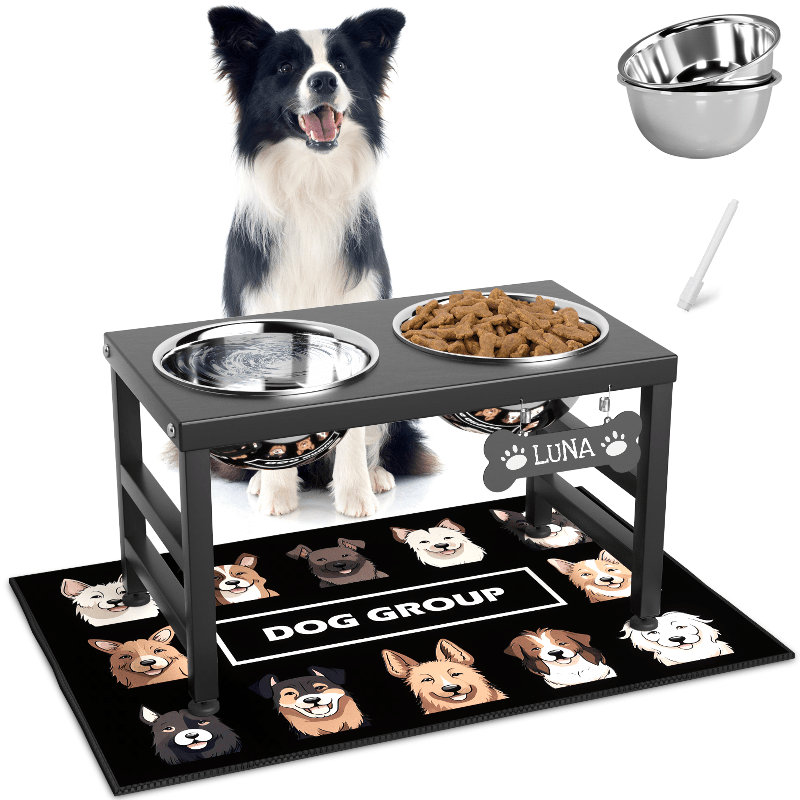 Support surélevé pour bols de 25 cm avec 2 bols, étiquette nominative personnalisée et bac récupérateur de graisse – Idéal pour les chiens de petite et moyenne taille