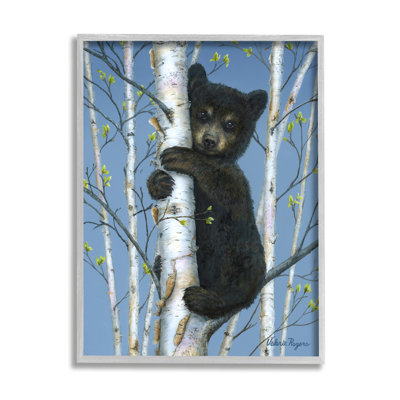 Ourson grimpant sur un bouleau encadré sur bois par Valerie Rogers, peinture