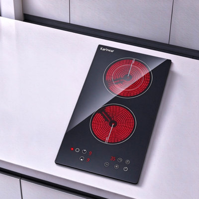 Plaque de cuisson électrique encastrée en vitrocéramique Karinear 30 cm (12 pouces), 2 brûleurs, 220-240 V, câblée, 16 A, 3200 W, sans prise secteur, commandes tactiles, sécurité enfant, minuterie, 9 niveaux de puissance.
