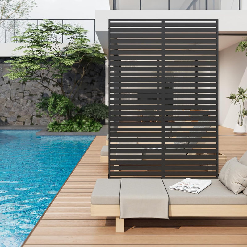 Freestanding Metal Privacy Screen, Laser Cut Decorative Garden Fence Panel with Stand, Rustproof Galvanised Steel Divider, 183x120cm, Black, Venetian Blind Pattern