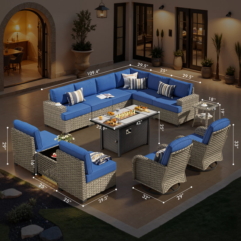 10-Person  Outdoor Sectional With Fire Pit,All-Weather Wicker Patio Set, Navy