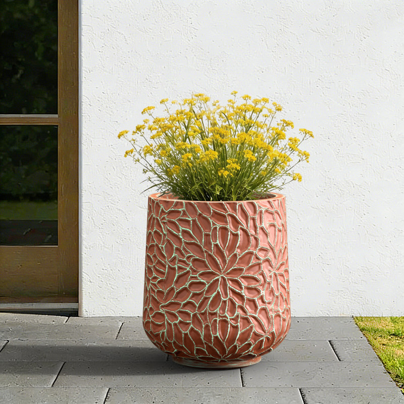 12 in. Textured Teal Medium Concrete Round Planter / Pot Floral Patterns Planter with Drainage Holes, Upgraded Interior
