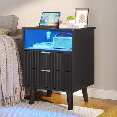 Fluted Nightstand with Charging Station - 2 Drawer Night Stand, Curved Bedroom End Table, Black