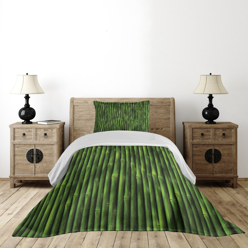 Green Bamboo Print Twin Quilted Bedspread Set