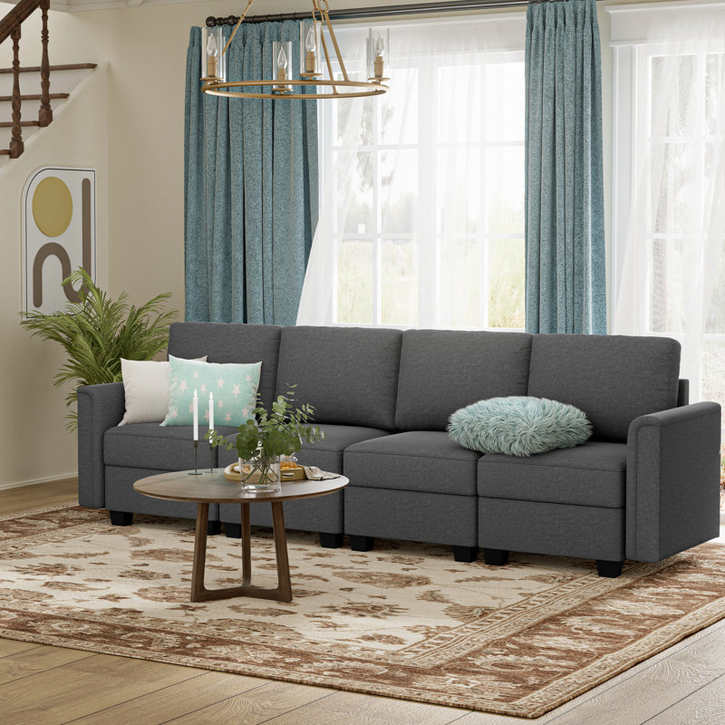 Canapé modulaire convertible avec 4 sièges en lin gris, fonction de rangement, coussins rembourrés en mousse à mémoire de forme, 27 po, structure en bois massif pour une vie décontractée - assise en lin, assise, rembourrée, configuration de pièce