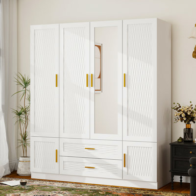4-Door Armoire Wardrobe Closet with Mirrored Door, Solid Manufactured Wood with Drawers & Hanging Rod by Mercer41