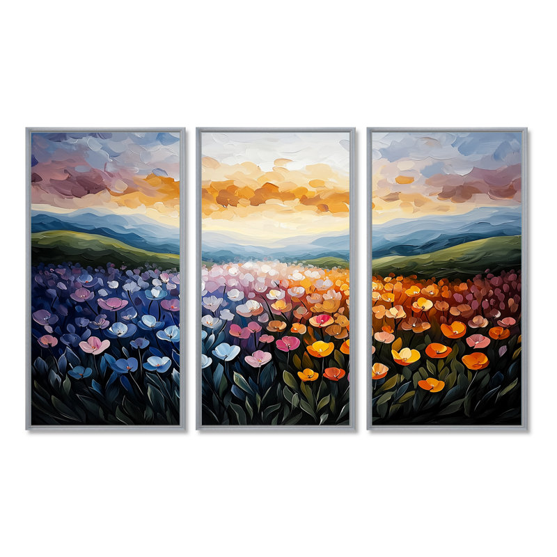 Abstrait paysages 4 saisons paysage - ensemble de 3 paysages d'art mural, H 32 po x l 48 po, Argent argent
