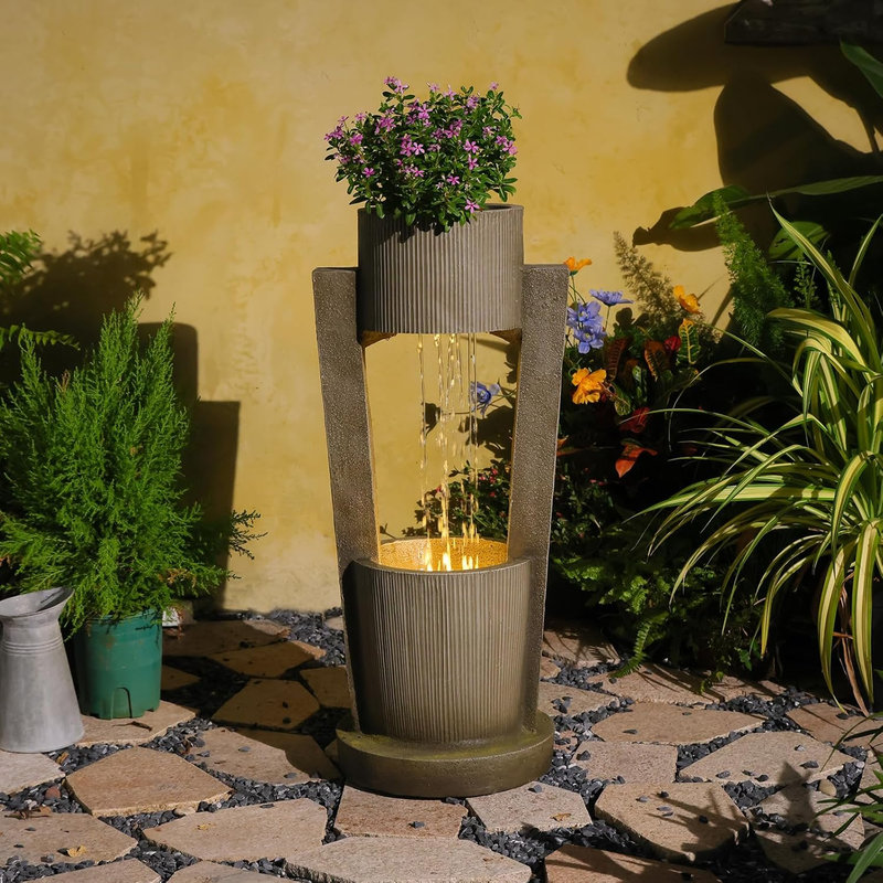 Modern Column Cascading Water Fountain with LED Lights & Planter, 31" Tall Resin Outdoor Water Feature for Garden Patio Decor