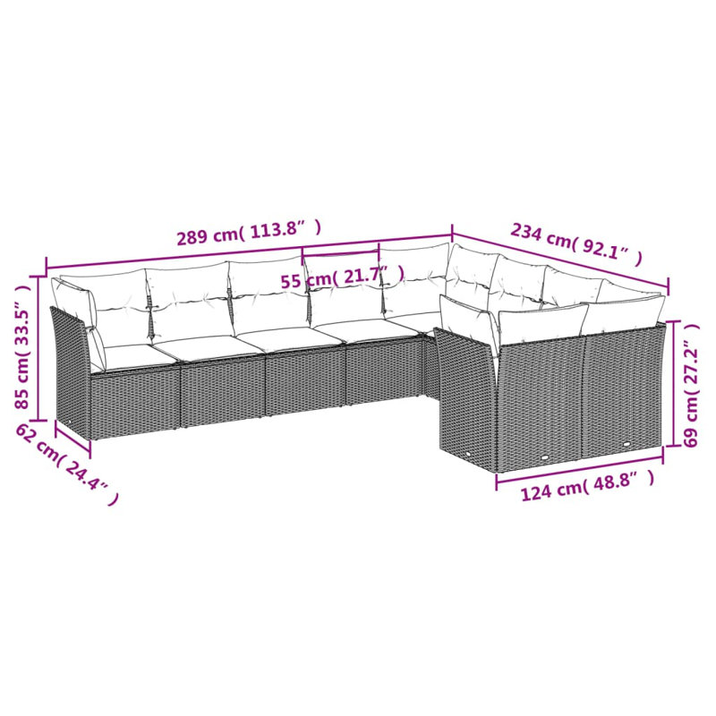 Ensemble de canapé de patio 9 pièces avec coussins en polyester Latitude Run®, Bleu, Noir