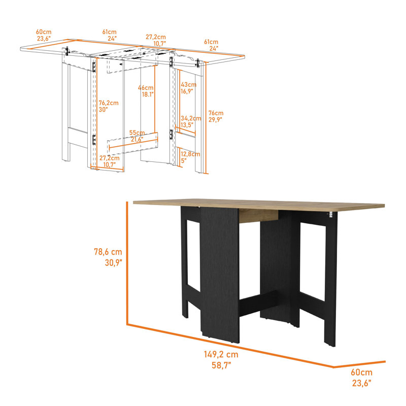 Kailua 59" Wide Folding Dining Table, Black