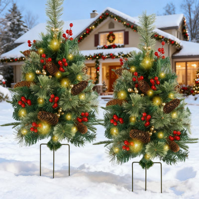 2 Pack 24In Pre-Lit Christmas Pathway Trees, Battery Operated Artificial Xmas Urn Fillers With Lights & Ornaments, Outdoor Holiday Decor For Walkway Patio Lawn