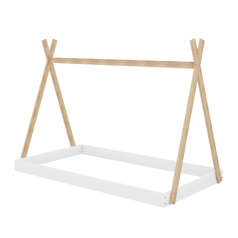 Twin Floor Bed With Triangle Structure, White/Natural