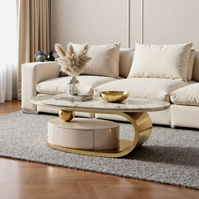 Table basse ovale avec tiroir, plateau en verre imprimé, structure en acier inoxydable