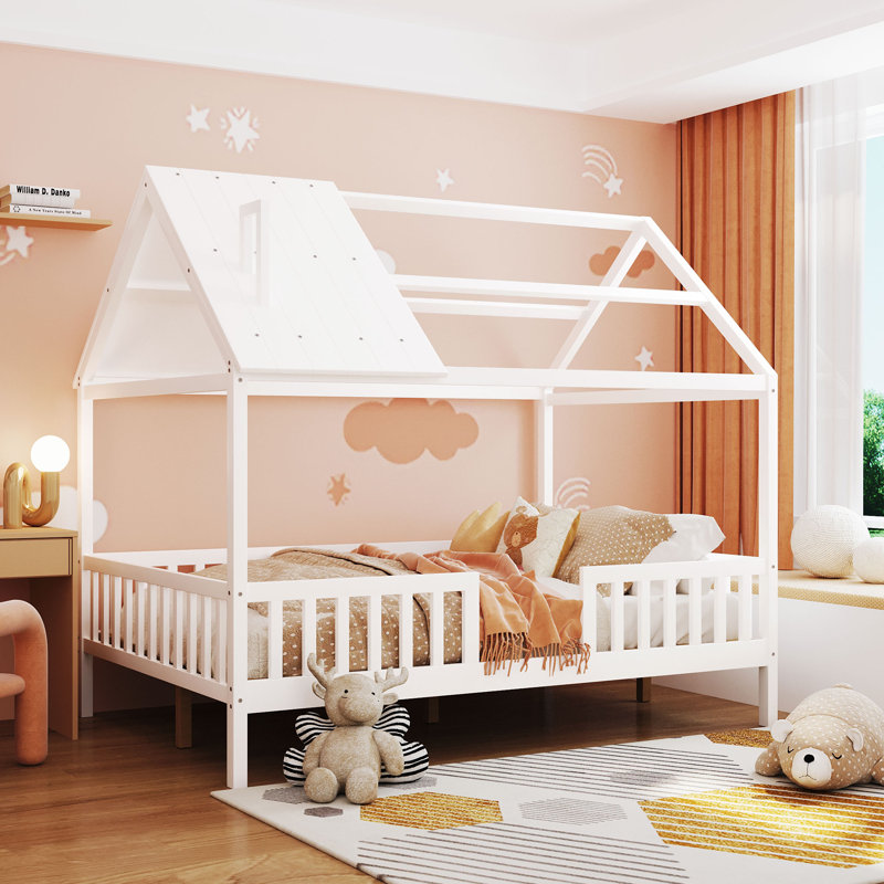 Wood House Bed With Fence, White, Full