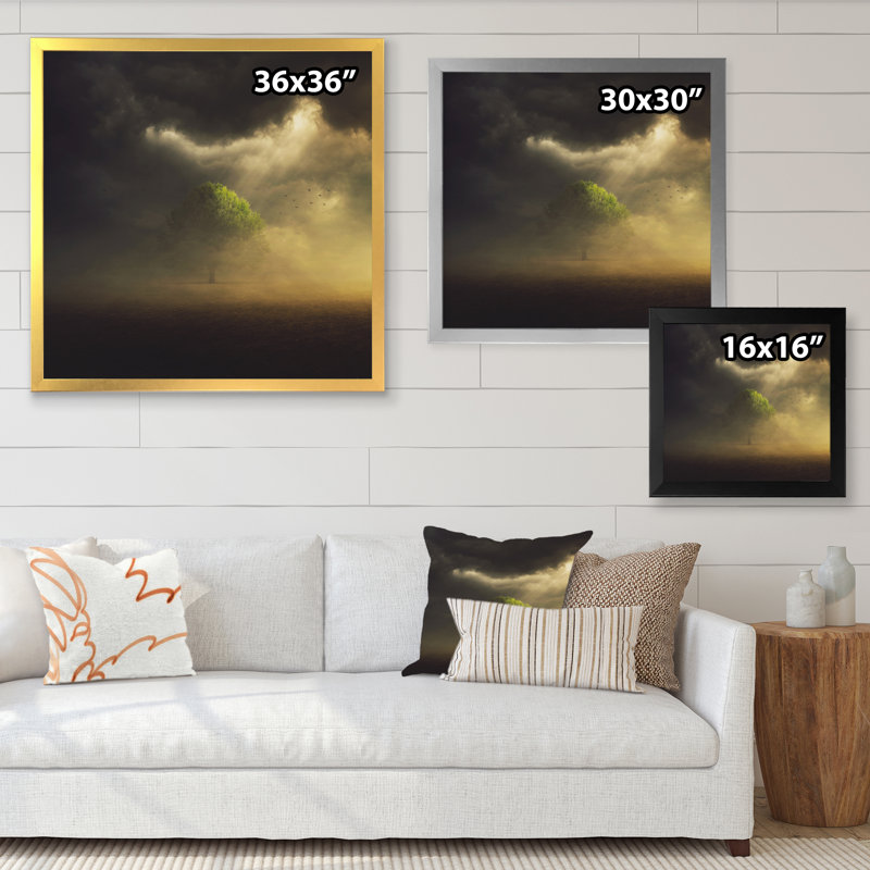 " Single Tree In Field " Painting Print, 16" H x 16" W x 1" D, Black Picture Framed Canvas